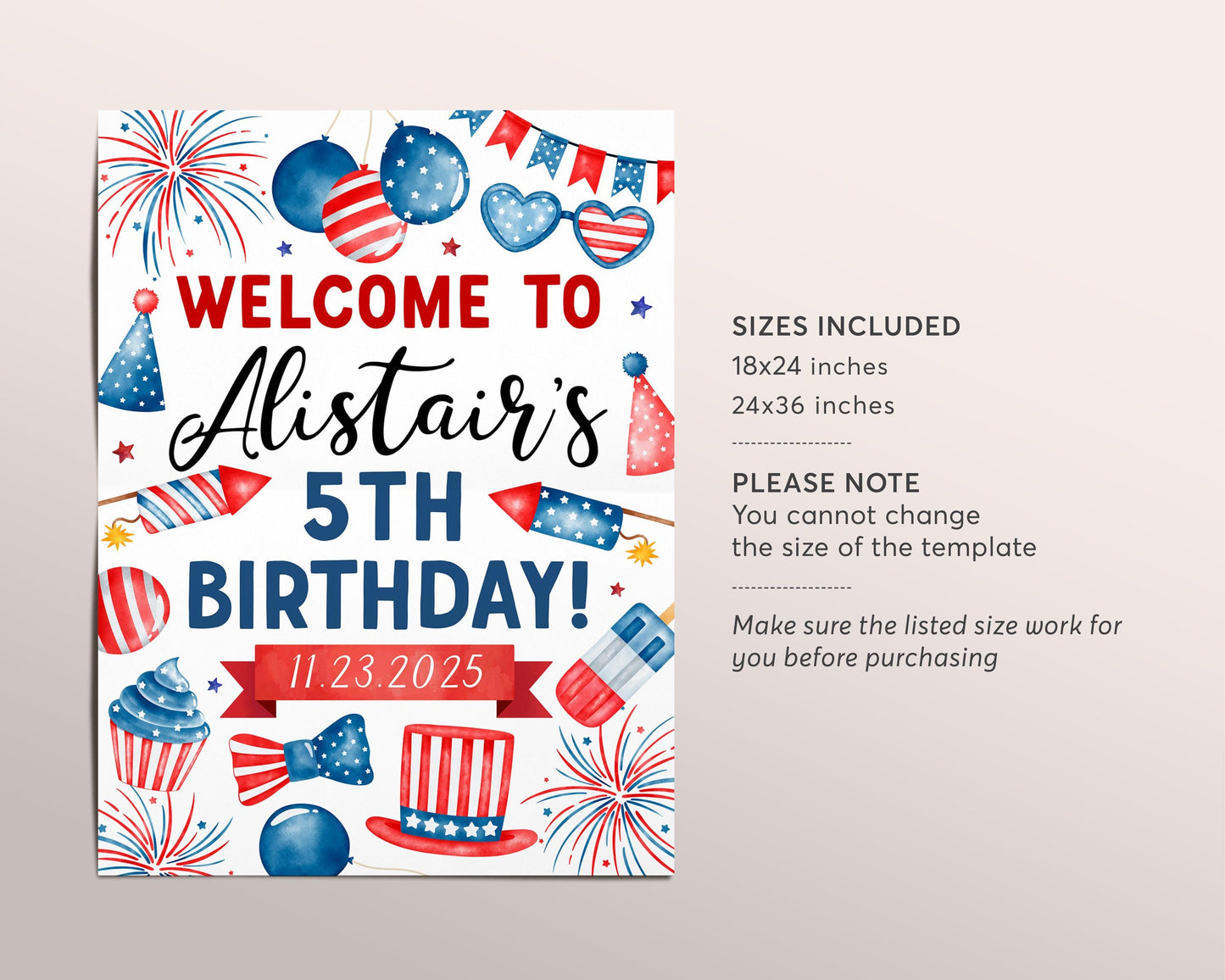 4th of July Birthday Welcome Sign Editable Template, Patriotic Fourth of July Party BBQ Party Poster, Independence Day Red White Blue Board