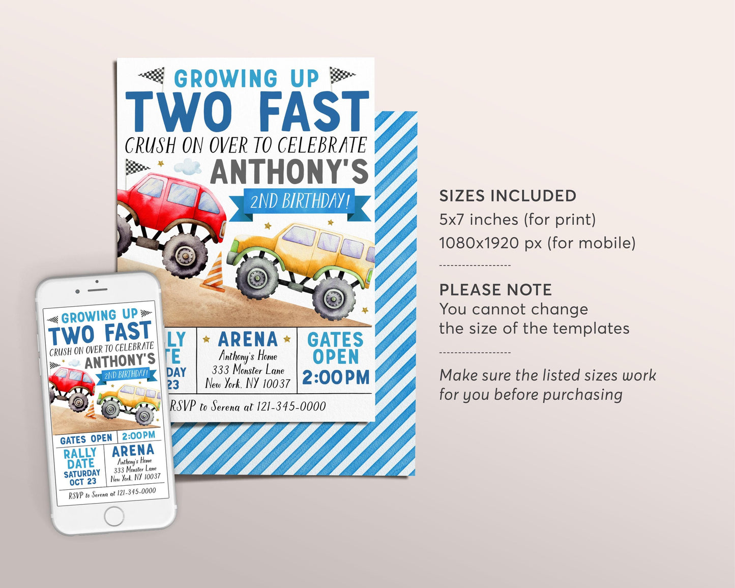 Monster Truck 2nd Birthday Invitation Editable Template, Growing Up Two Fast Party Bash Invite, Crush On Over Second Birthday Evite