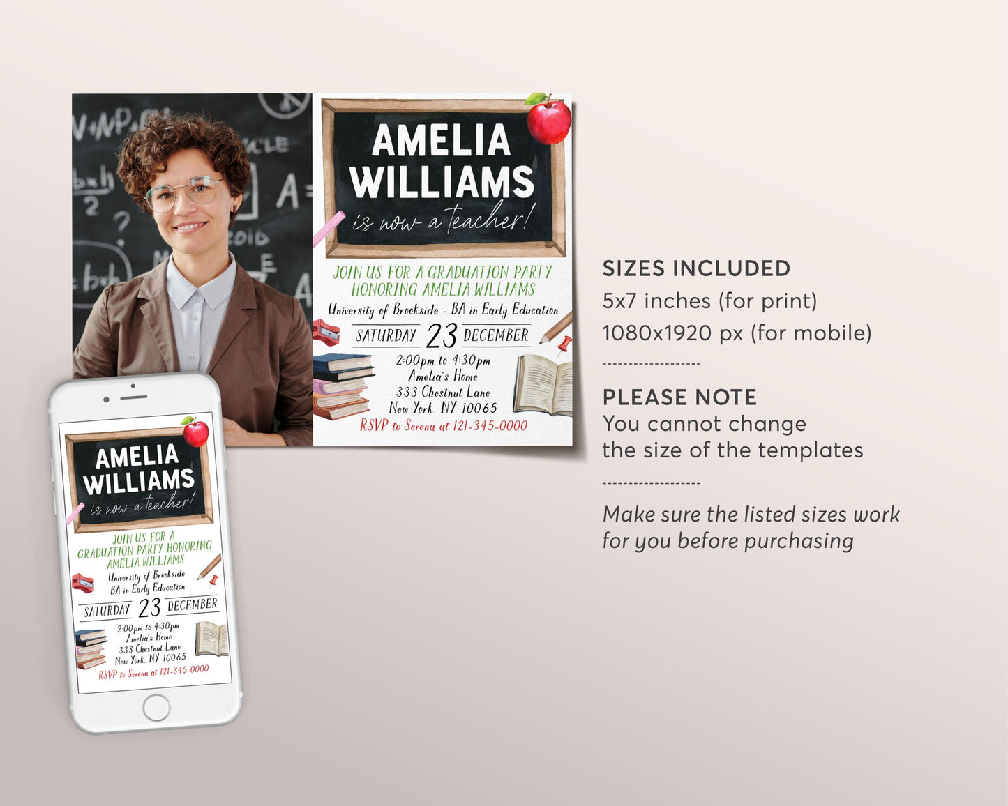 Teacher Graduation Invitation With Photo Editable Template, Teaching Diploma Grad Announcement Party Invite, Early Child Education Evite