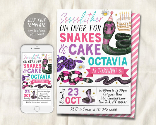 Snake Birthday Invitation Editable Template