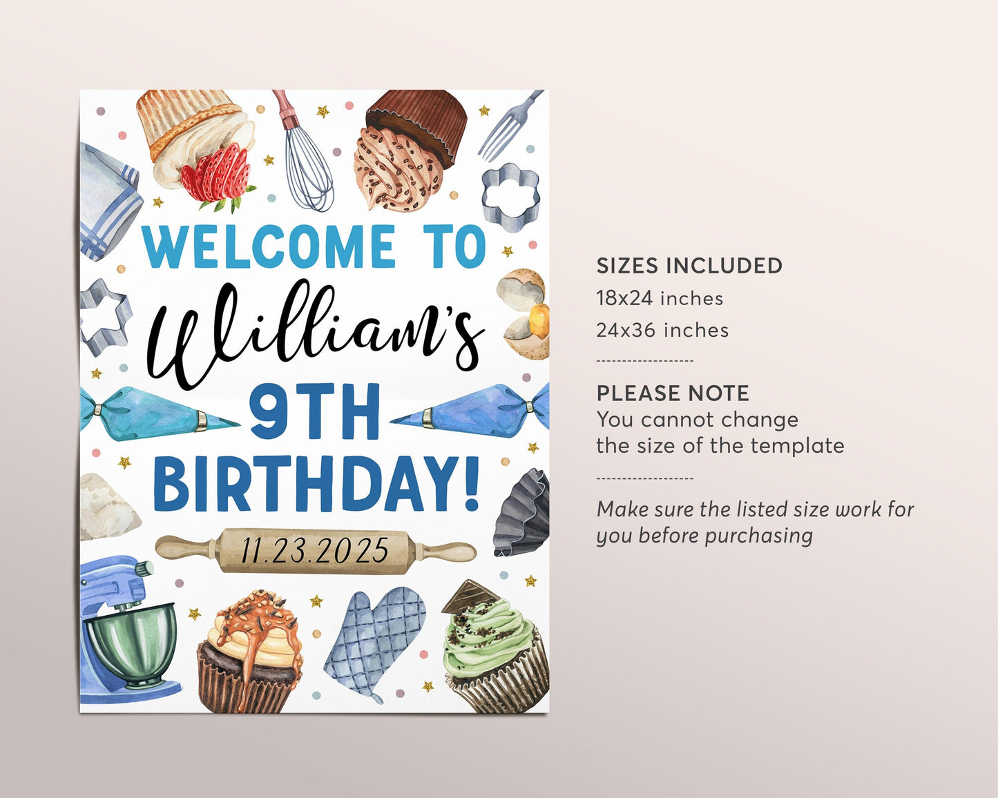 Baking Birthday Party Welcome Sign Editable Template, Boy Cupcake Wars Decorating Party Poster, Kids Cooking Party Kitchen Banner Decor