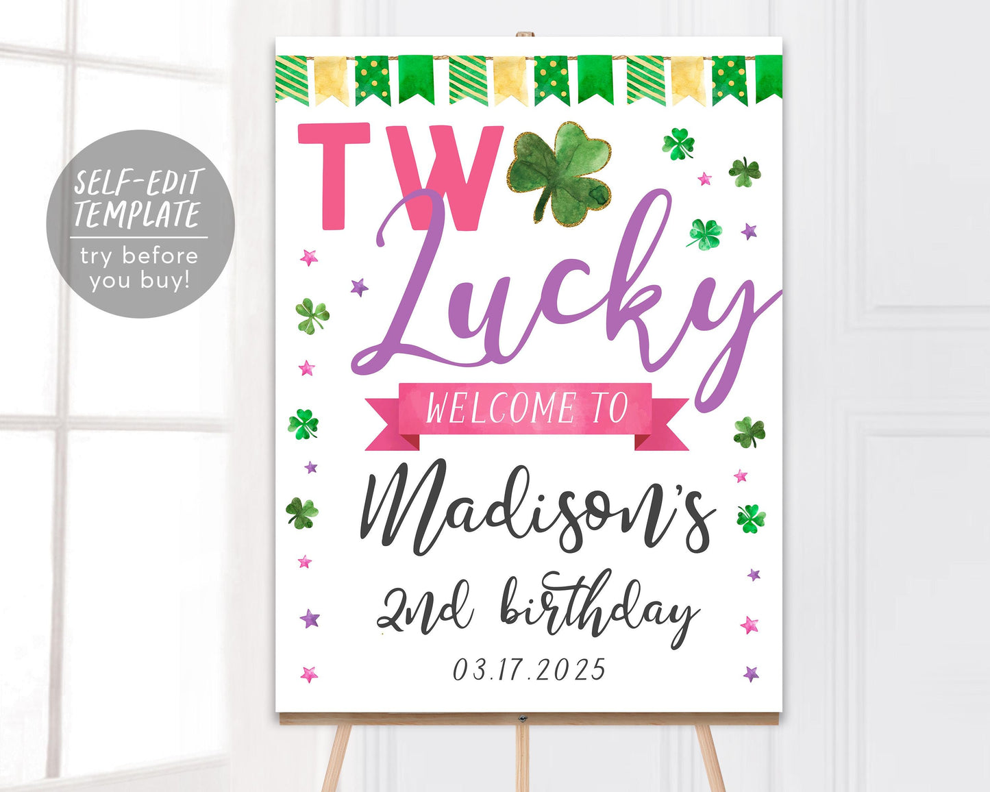 Two Lucky Birthday Welcome Sign Editable Template