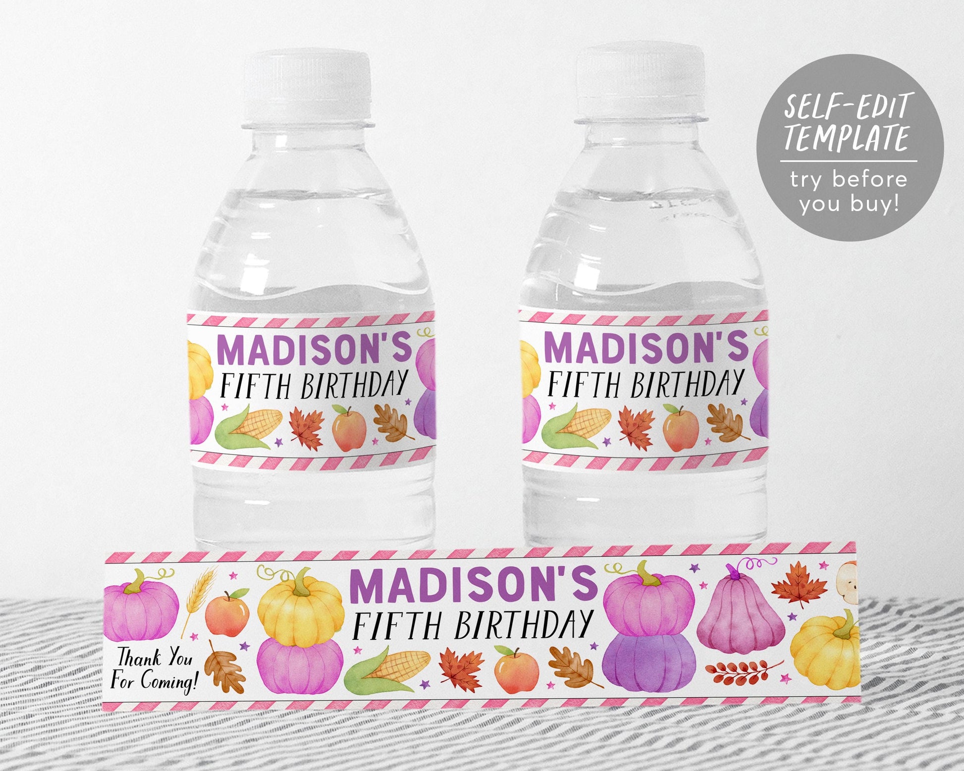 Pumpkin Water Bottle Labels Editable Template