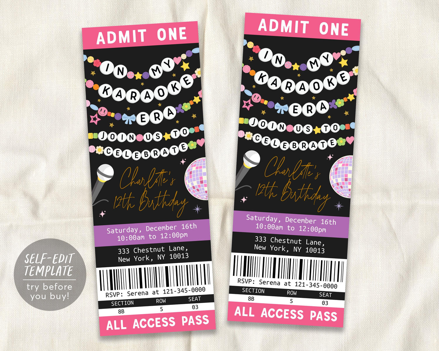 In My Karaoke Era Ticket Invitation Editable Template