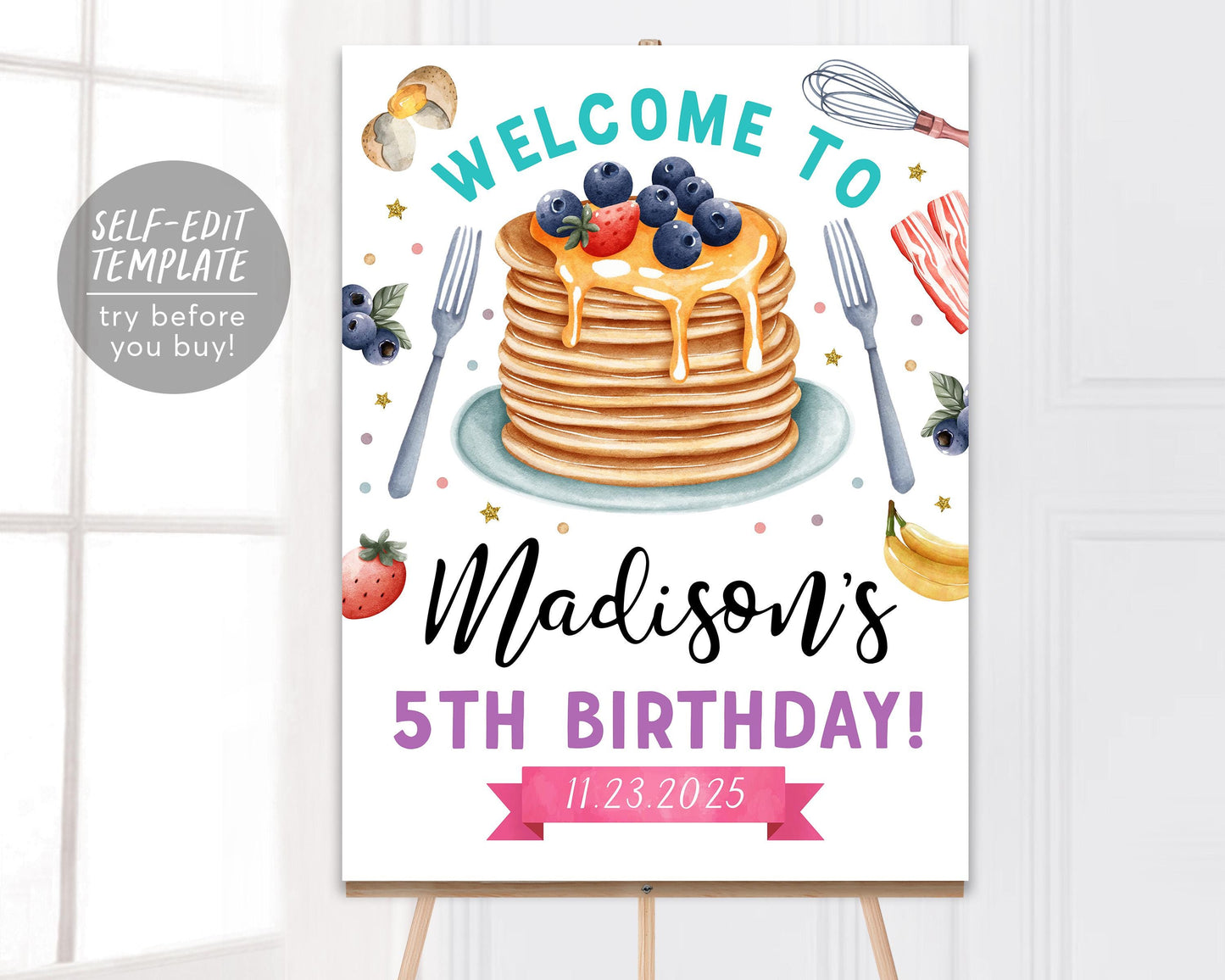 Pancakes and Pajamas Birthday Welcome Sign Editable Template