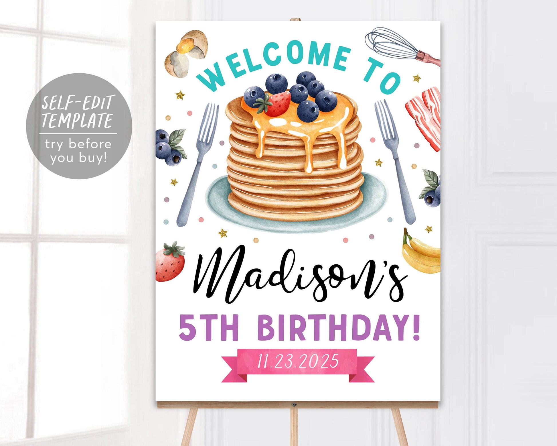 Pancakes and Pajamas Birthday Welcome Sign Editable Template