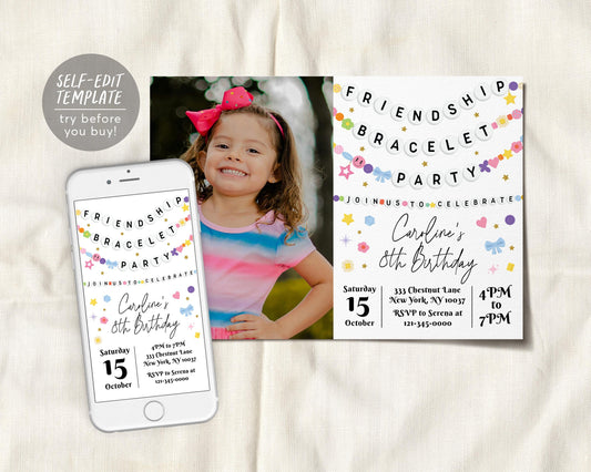 Friendship Bracelet Birthday Invitation With Photo Editable Template
