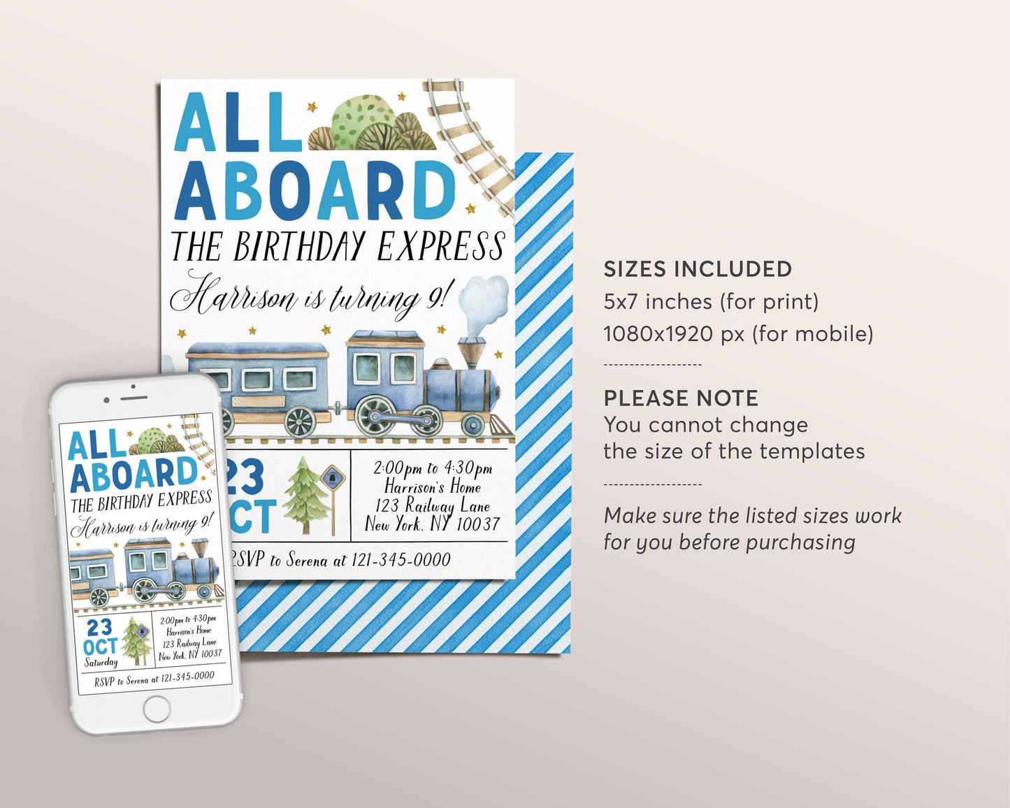 Train Birthday Invitation Editable Template, Boy Train Boarding Pass Party Invite, All Aboard The Birthday Express Admit One Travel Evite