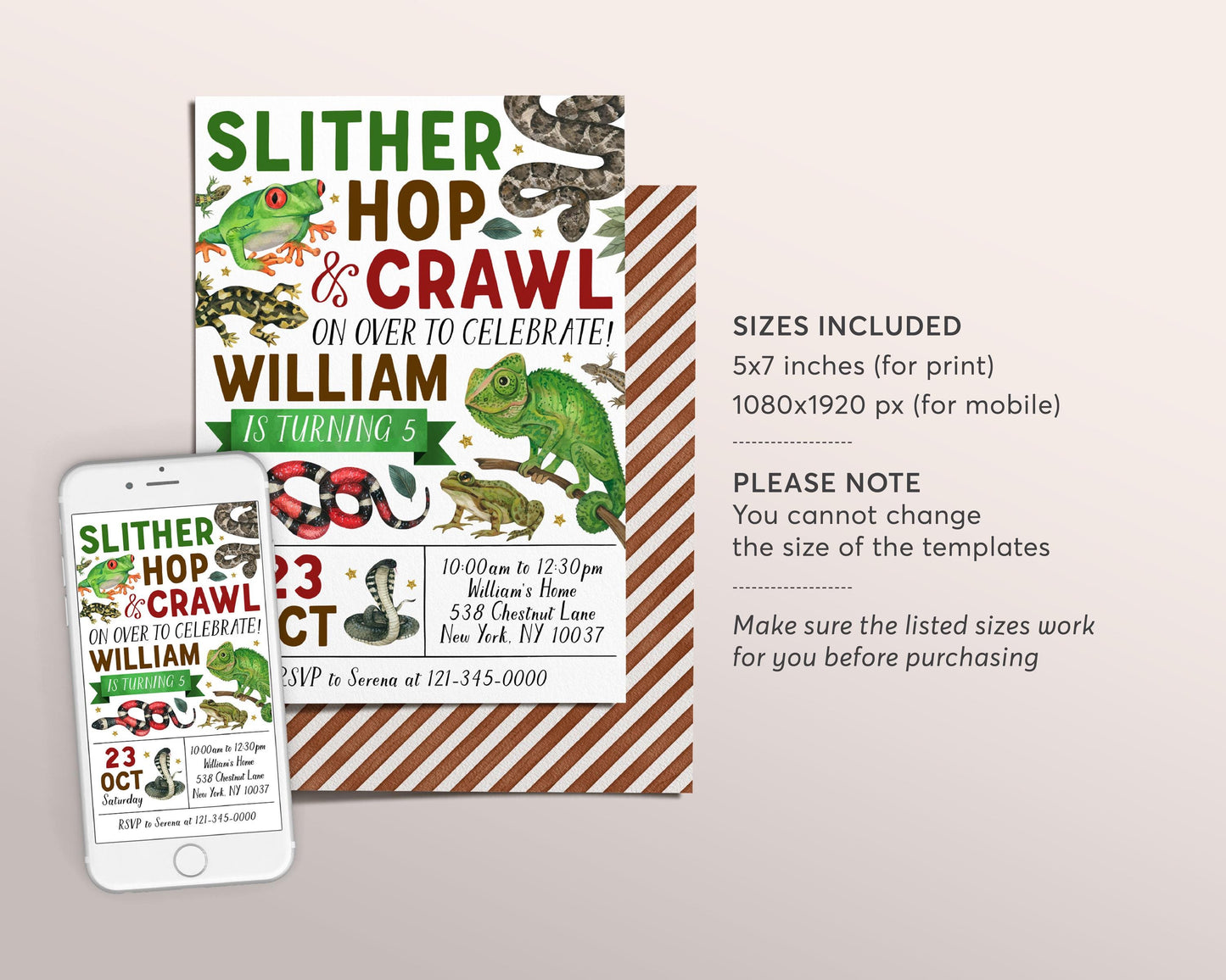 Reptile Birthday Invitation Editable Template, Boy Slither Hop Crawl Party Invite, Kids Reptiles Creepy Crawly Nature Theme Outdoor Evite