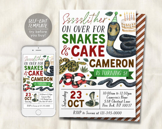Snake Birthday Invitation Editable Template, Boy Snake And Cake Nature Theme Party Invite, Kids Slither On Over Reptile Show Outdoor Evite