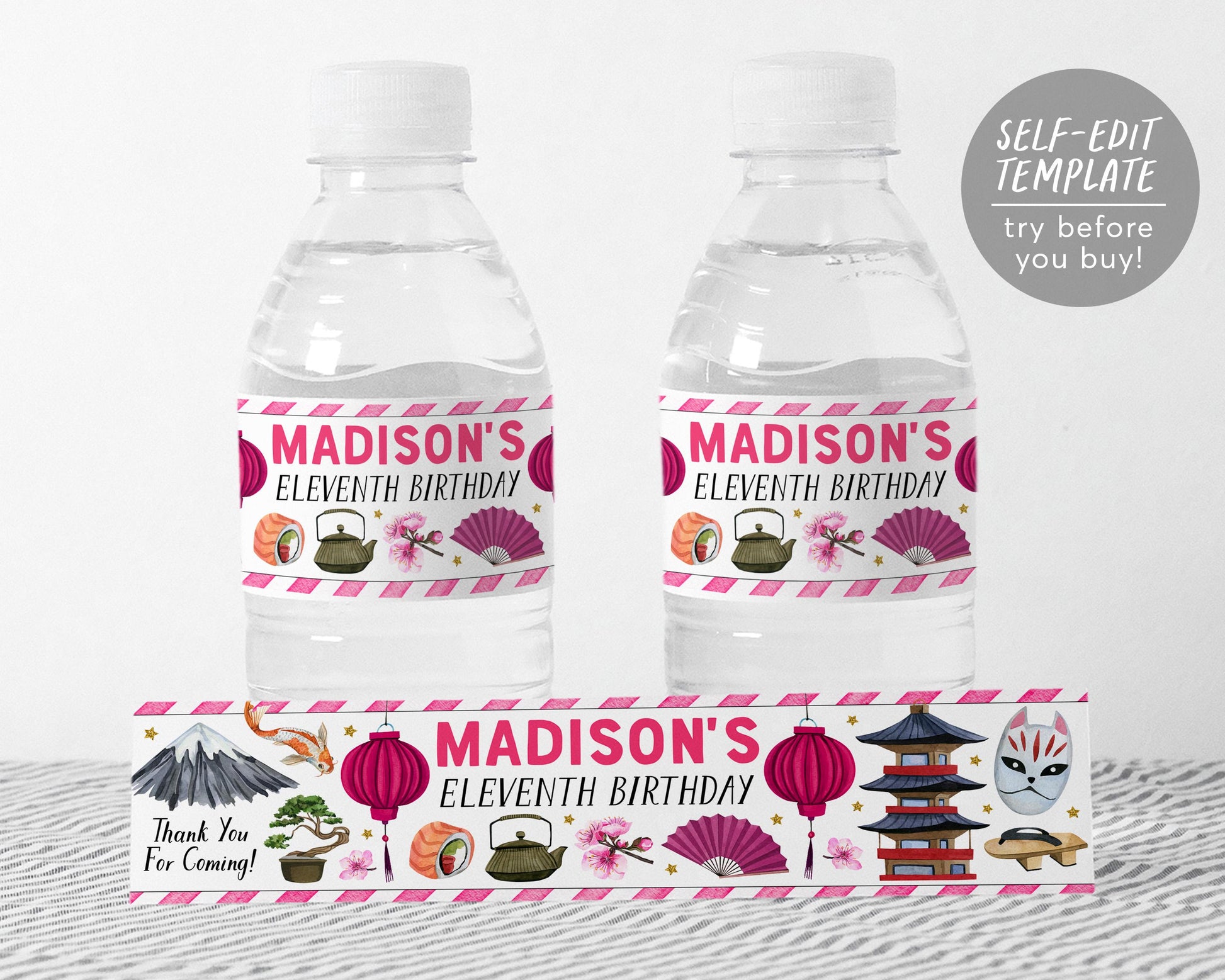 Japanese Themed Water Bottle Labels Editable Template