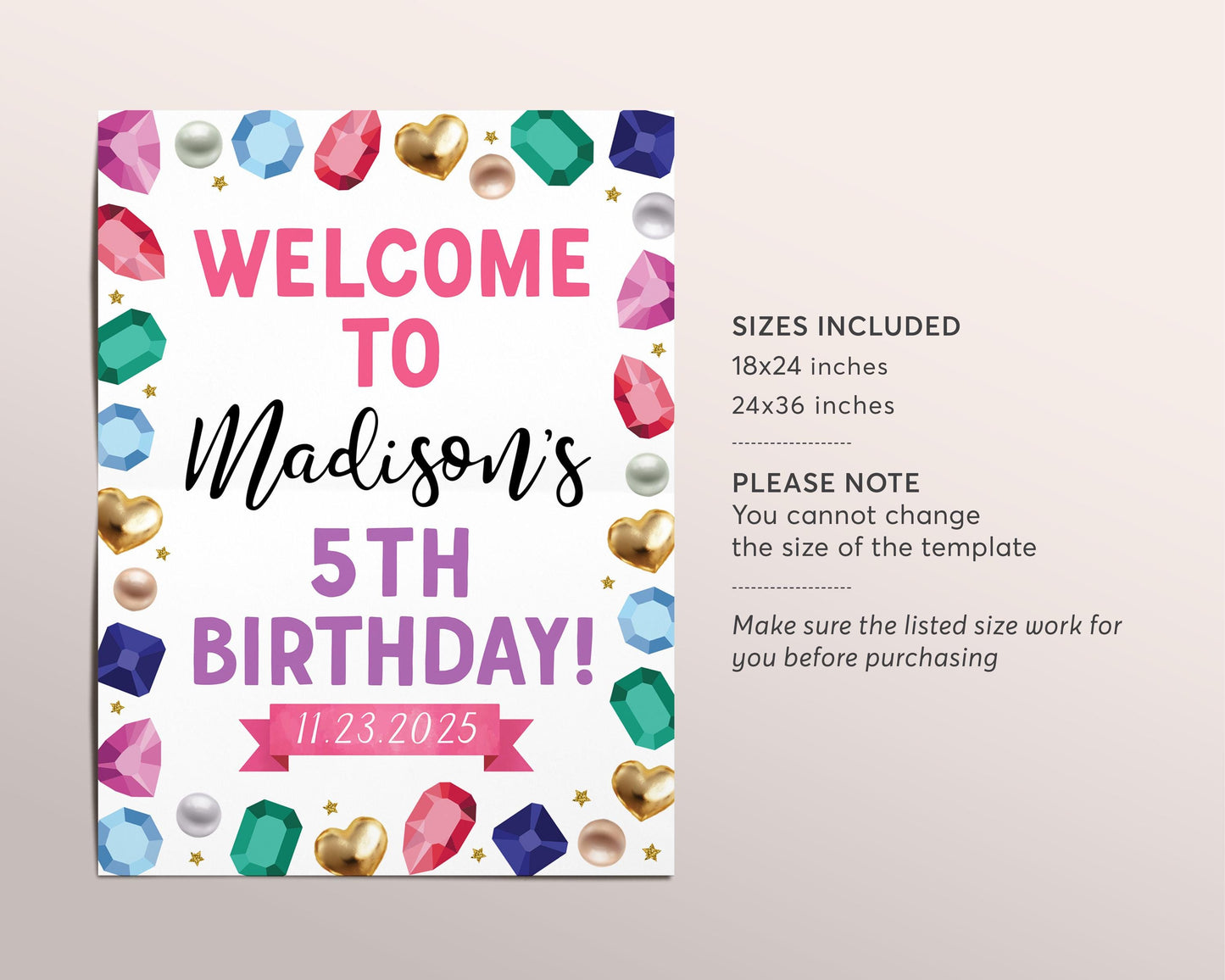 Gems Birthday Welcome Sign Editable Template, Gemstone She's A Gem Party Poster, Jewelry Making Our Little Gem Crystal Gemology Board Banner