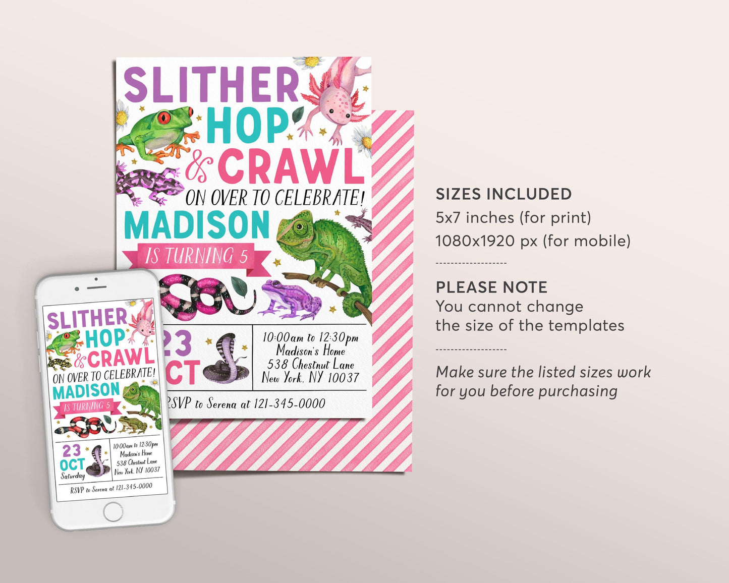 Reptile Birthday Invitation Editable Template, Girl Slither Hop Crawl Party Invite, Kids Reptiles Creepy Crawly Nature Theme Outdoor Evite