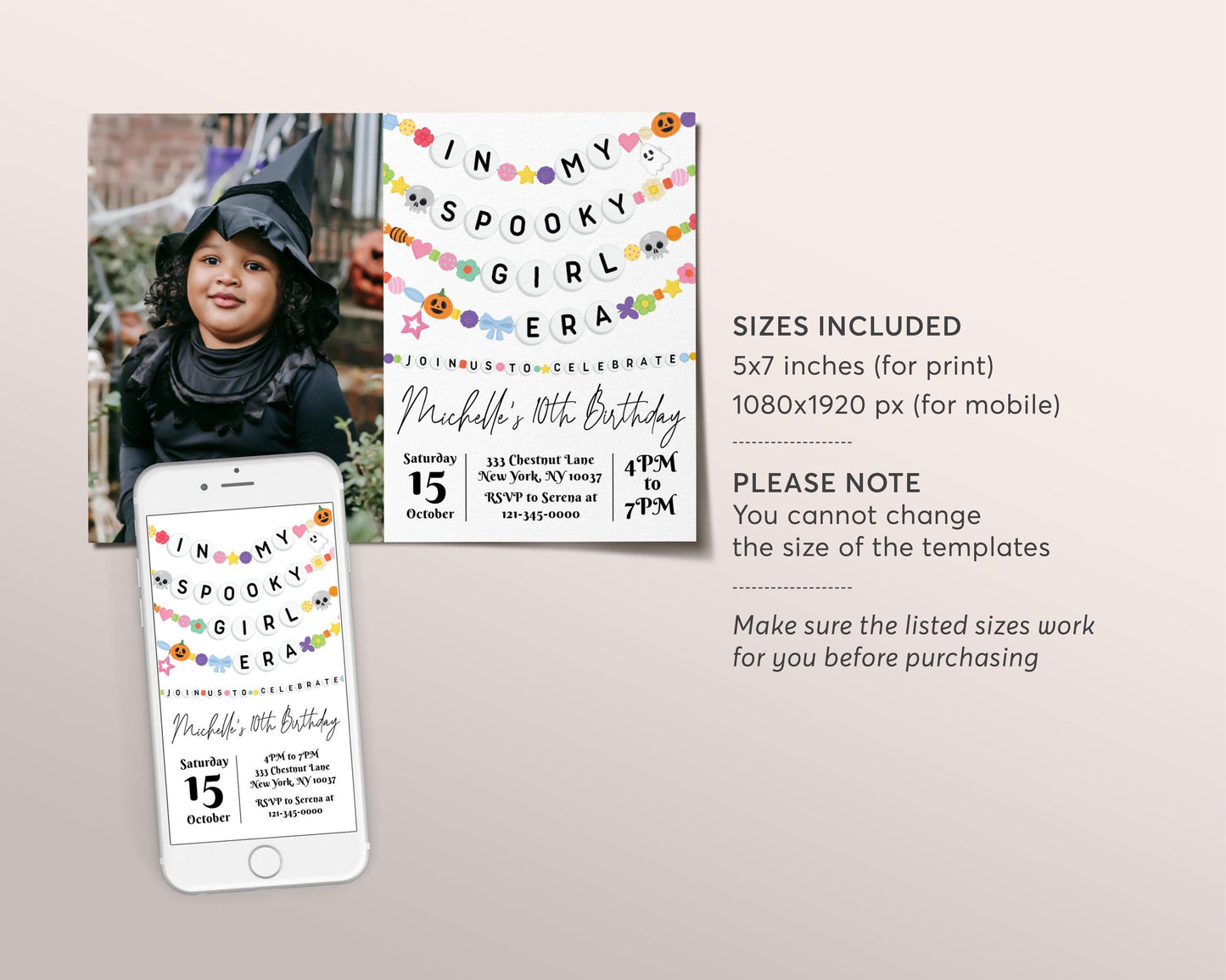 In My Spooky Girl Era Birthday Invitation With Photo Editable Template, Halloween Ghost Friendship Bracelet Party Invite, Spooky Era Evite