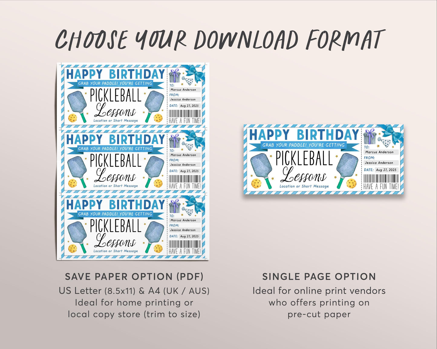 Pickleball Lessons Gift Certificate Editable Template, Birthday Surprise Pickle Ball Classes Voucher, Sports Game Pickleball Lover Gift Idea