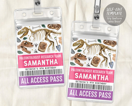 Dinosaur Party ID Badge VIP Pass Editable Template