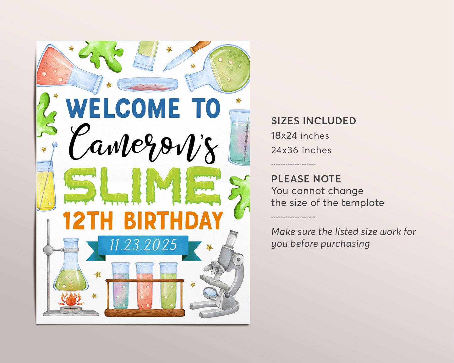 Science Slime Birthday Welcome Sign Editable Template, Boy Scientist Slime Experiment Party Poster, Kids Professor Science Lab Scientific