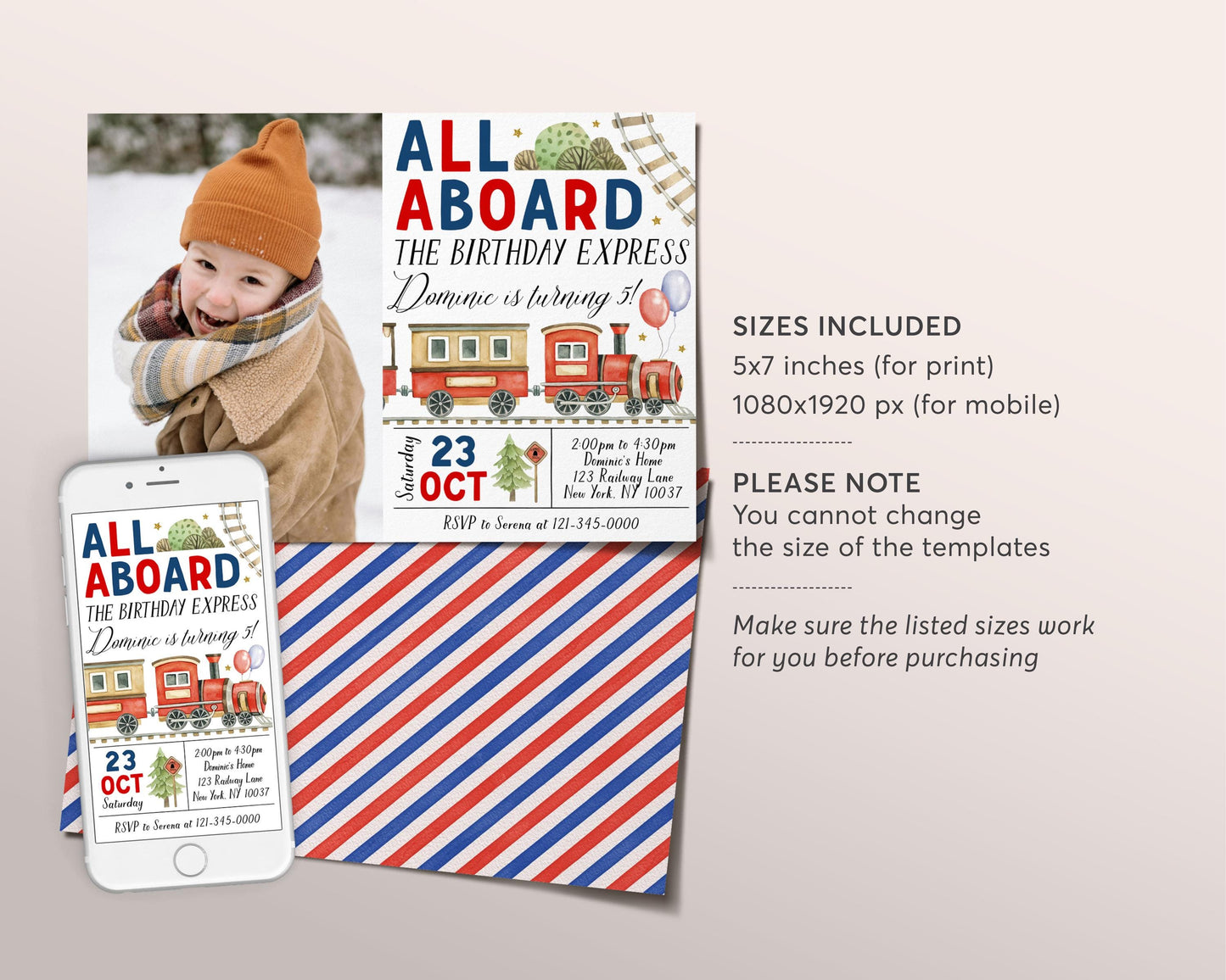 Train Birthday Invitation With Photo Editable Template, Train Boarding Pass Party Invite, All Aboard Birthday Express Travel Chugga Evite