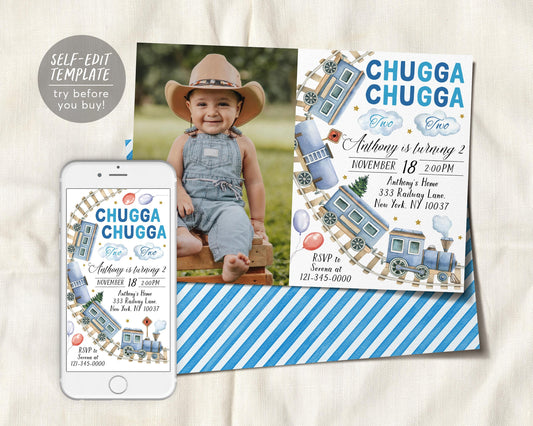 Chugga Two Train Birthday Invitation With Photo Editable Template