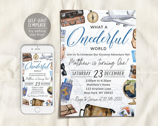 What A Onederful World First Birthday Invitation Editable Template