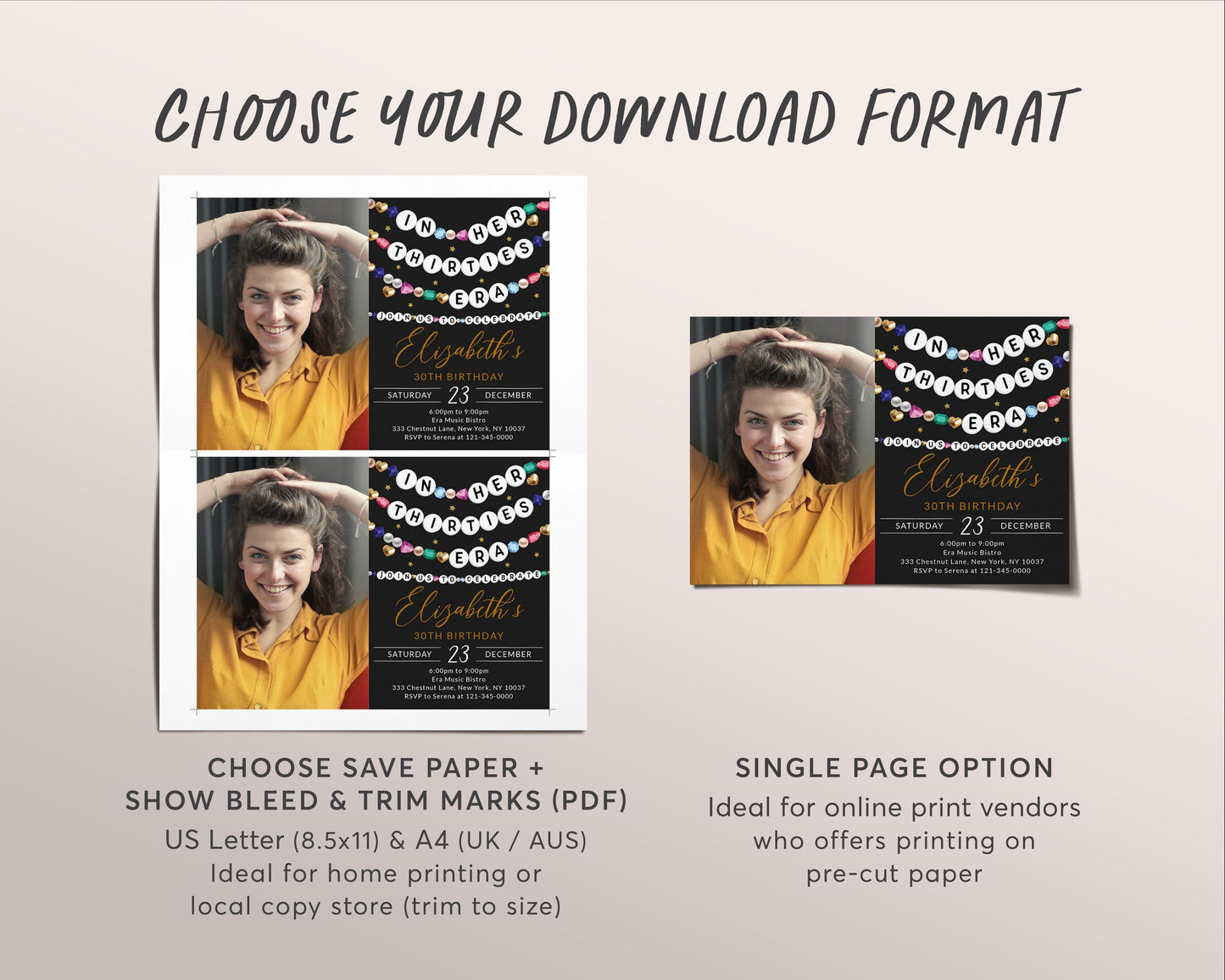 In My Thirties Era Invitation With Photo Editable Template, Friendship Bracelet Party Invite, 30th Birthday Girl Eras Music Black Gold Evite