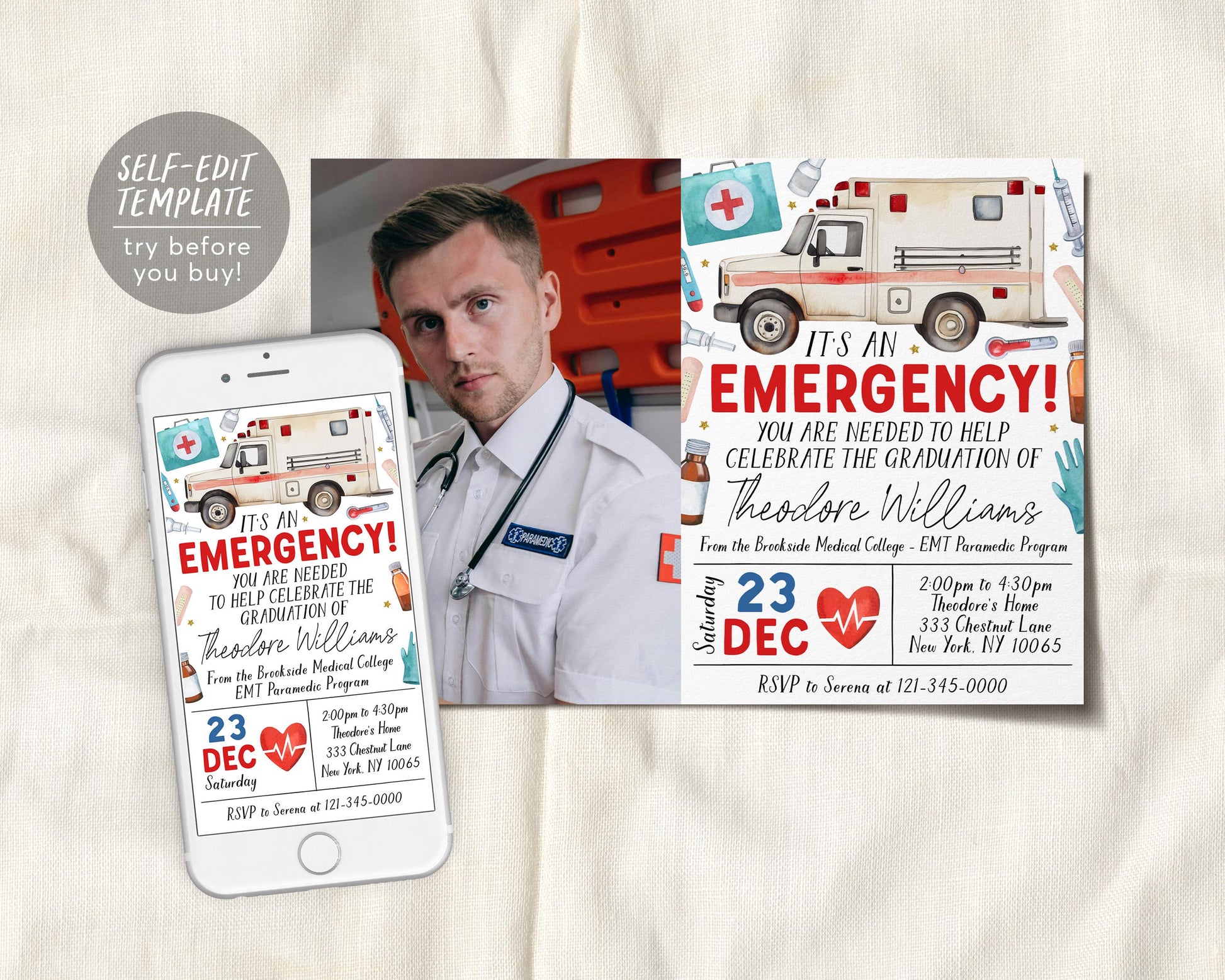 Paramedic EMT Graduation Invitation With Photo Editable Template