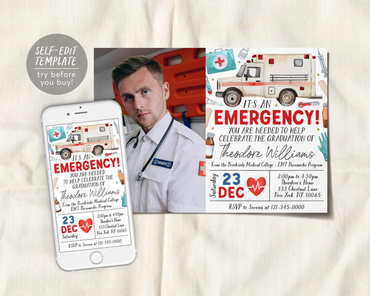 Paramedic EMT Graduation Invitation With Photo Editable Template