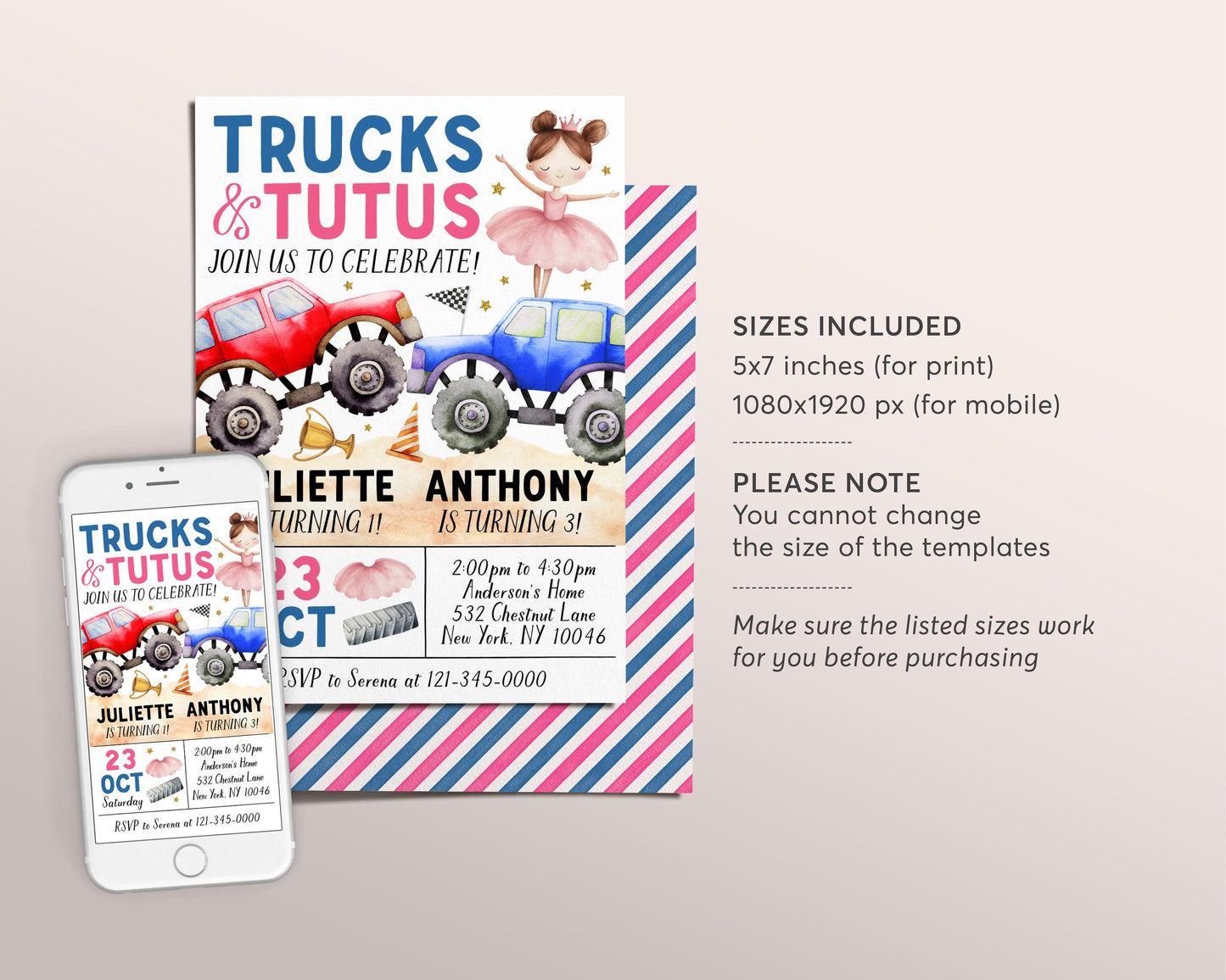 Monster Trucks And Tutus Joint Siblings Birthday Invitation Editable Template, Boy Girl Twins Monster Truck And Ballet Party Invite Evite,