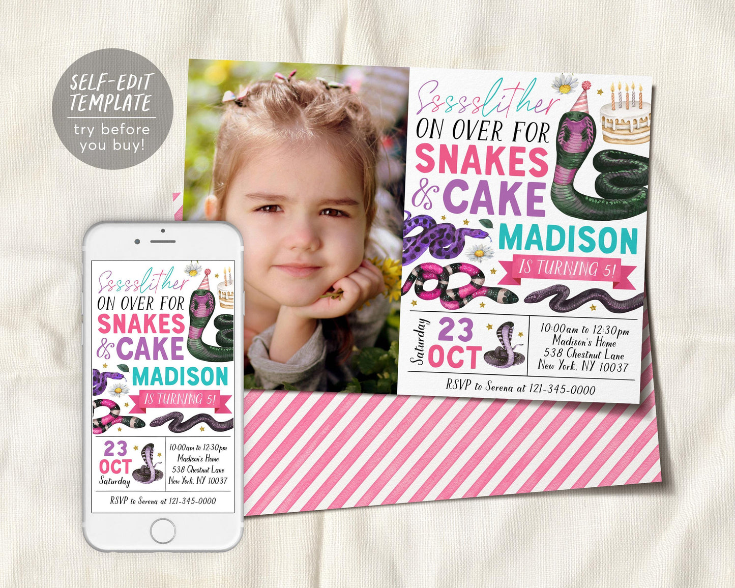 Snake Birthday Invitation With Photo Editable Template