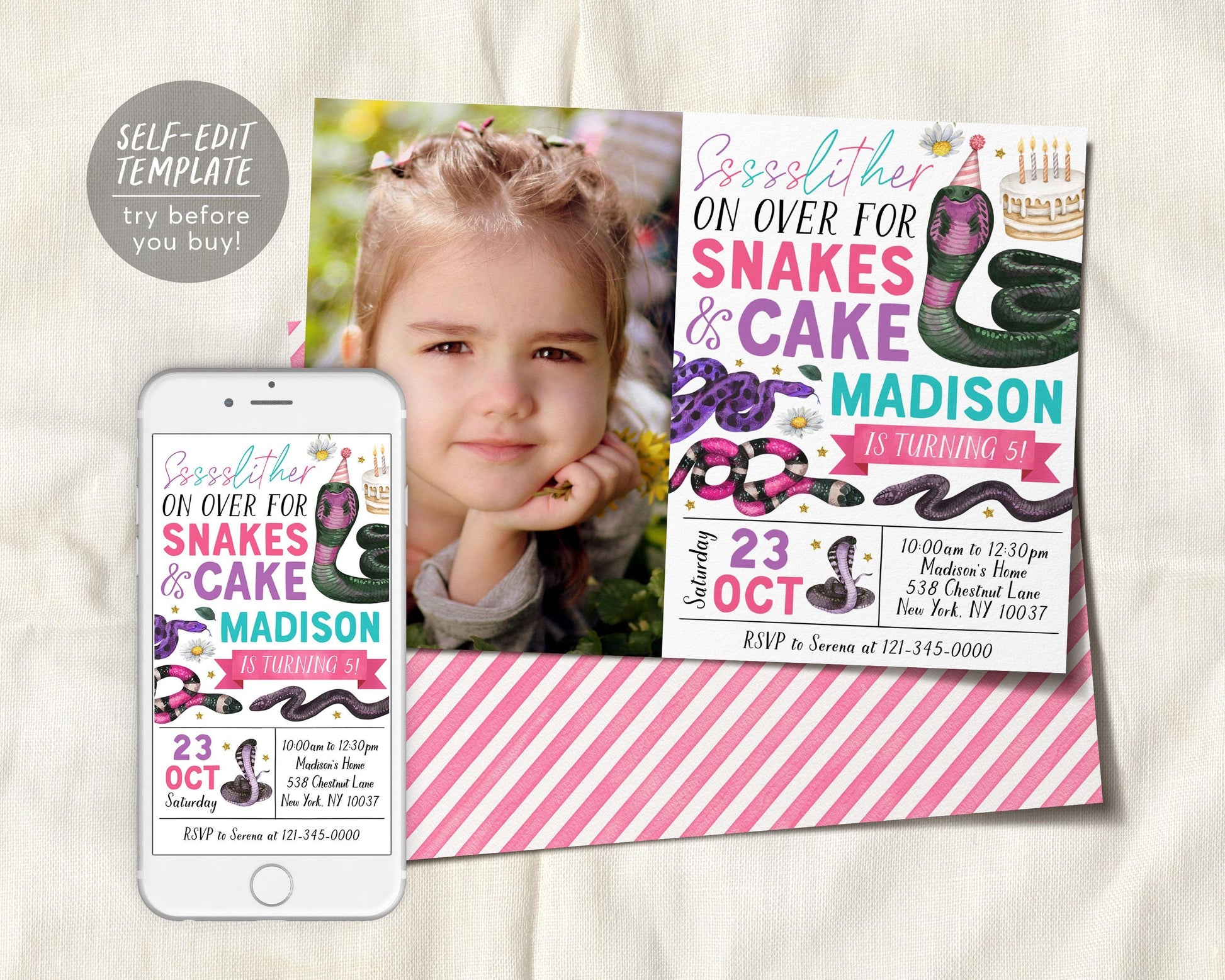 Snake Birthday Invitation With Photo Editable Template