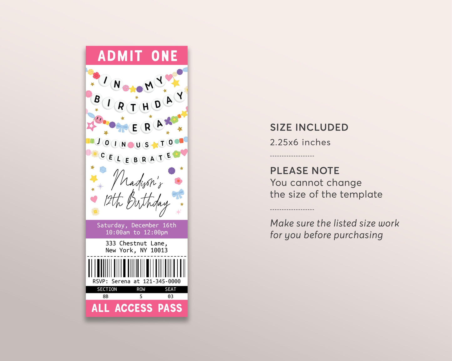 In My Birthday Era Ticket Invitation Editable Template, Girl Friendship Bracelet Birthday Party Invite, Kid Tween Teen Eras Music Tour Evite