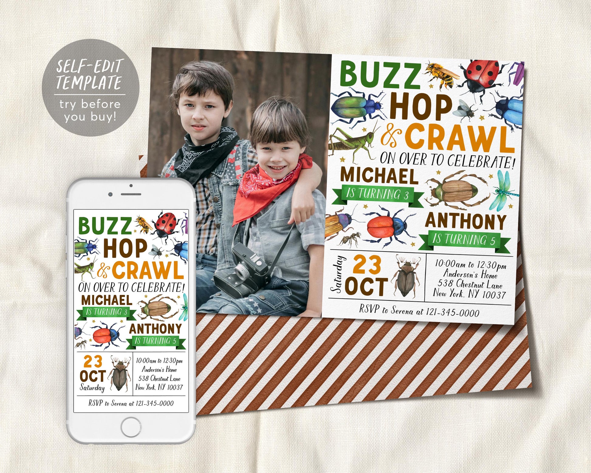 Insect Bugs Joint Siblings Birthday Invitation With Photo Editable Template