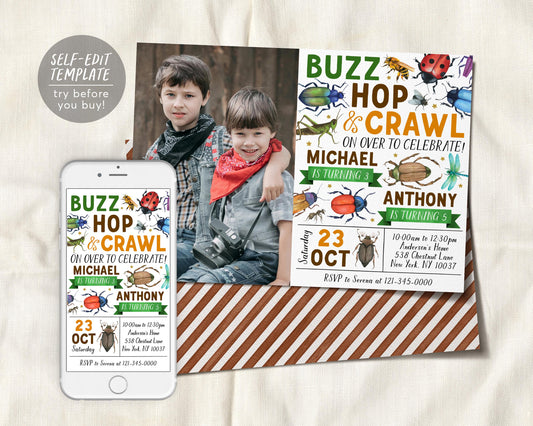 Insect Bugs Joint Siblings Birthday Invitation With Photo Editable Template
