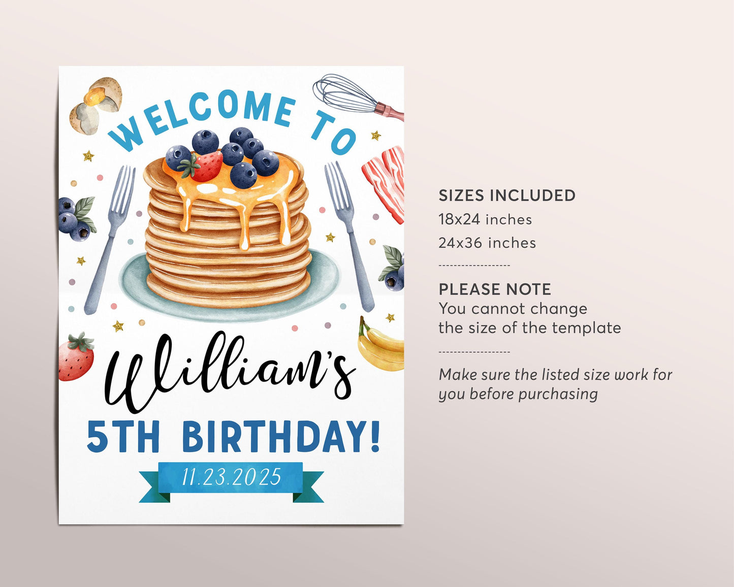 Pancakes and Pajamas Birthday Welcome Sign Editable Template, Boy Flapjacks And PJs Party Poster, Kids Breakfast Brunch Slumber Party Banner