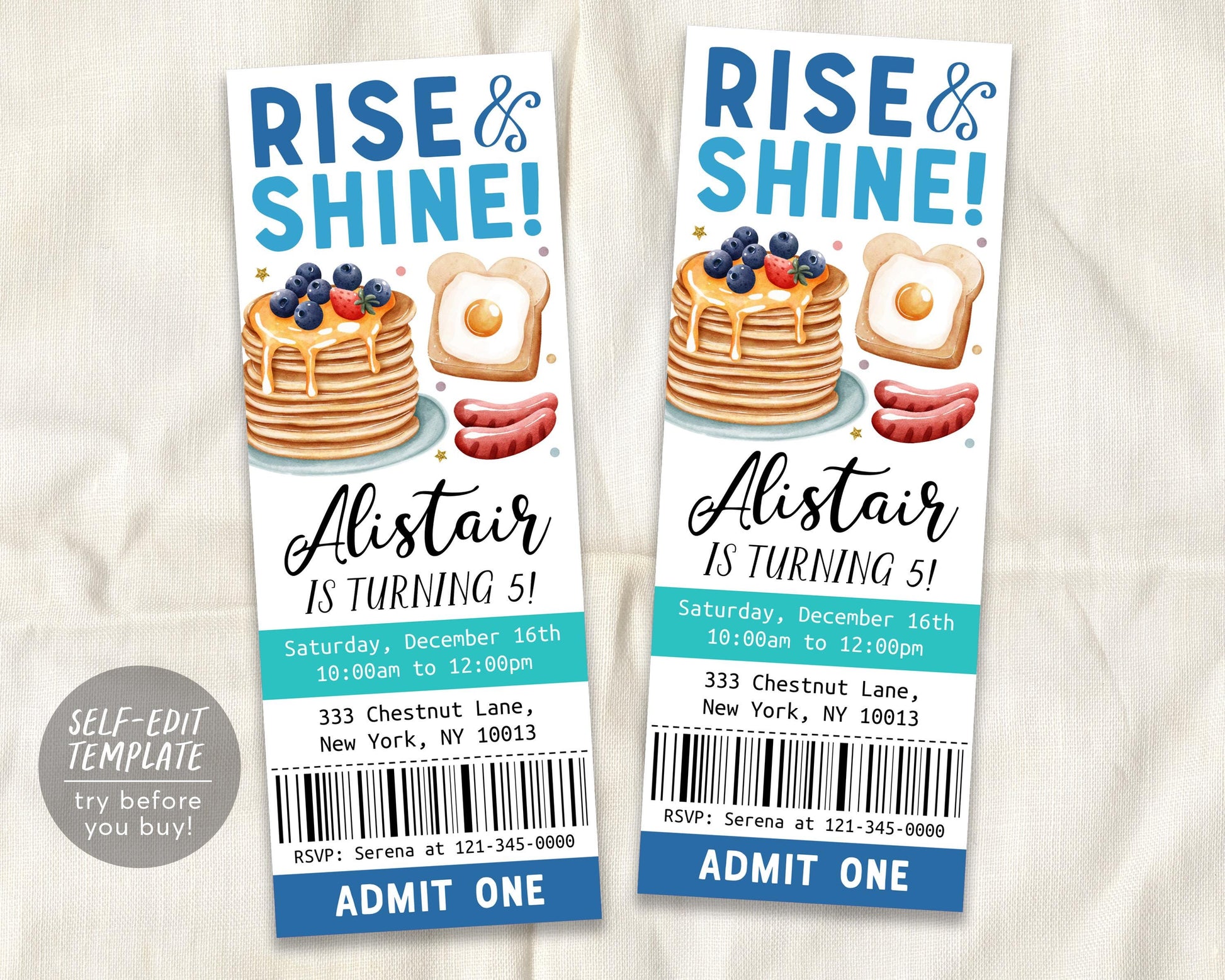 Breakfast Brunch Birthday Ticket Invitation Editable Template