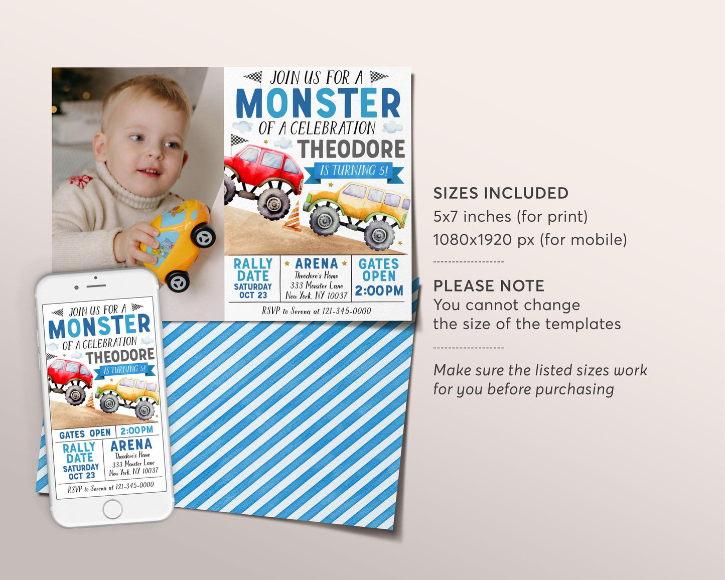 Monster Truck Birthday Invitation With Photo Editable Template, Monster Of A Celebration Party Bash Invite, Boy Smash And Crash Evite