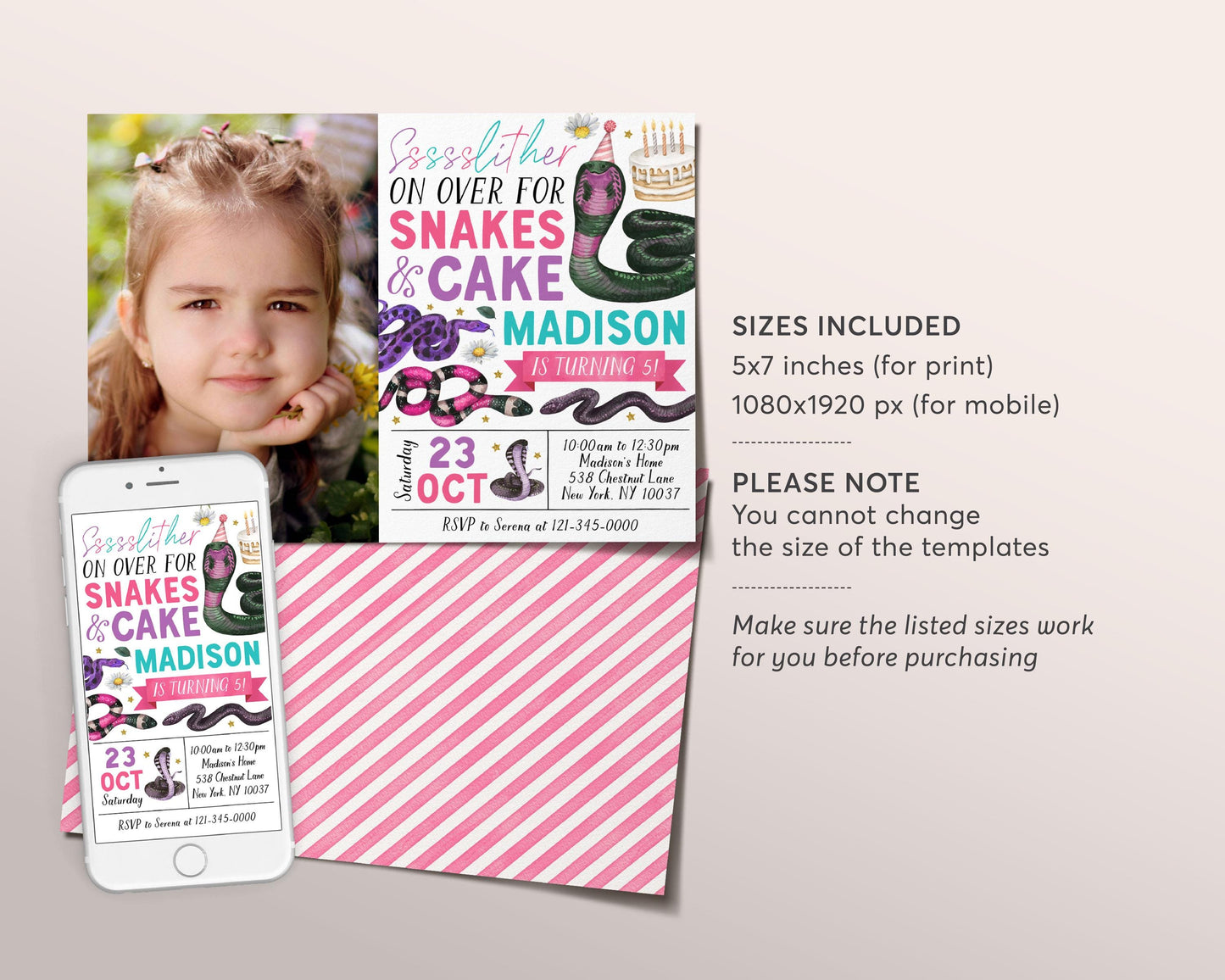 Snake Birthday Invitation With Photo Editable Template, Girl Snake And Cake Nature Theme Party Invite, Slither On Over Floral Daisy Evite