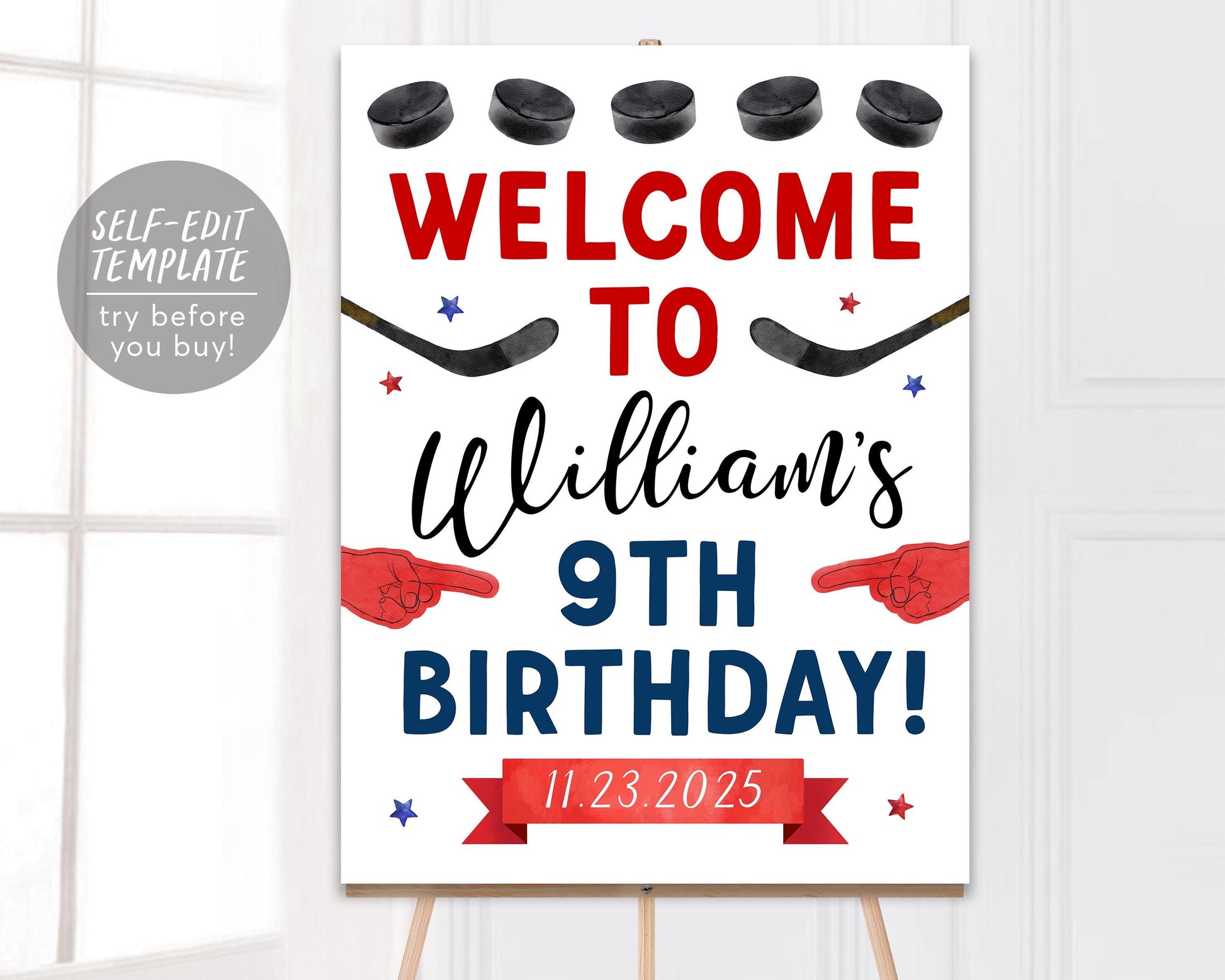 Ice Hockey Birthday Welcome Sign Editable Template