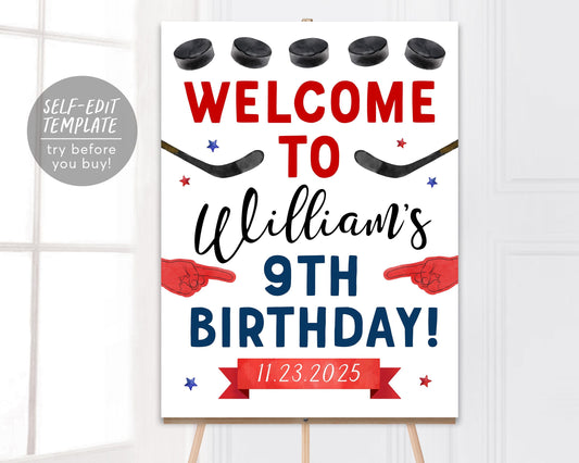 Ice Hockey Birthday Welcome Sign Editable Template