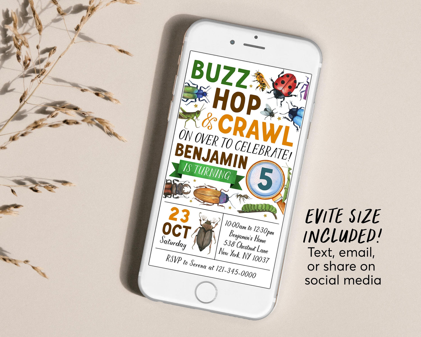 Insect Bugs Birthday Invitation Editable Template, Boy Buzz Hop Crawl Party Invite, Kids Bugging Out Beetle Bug Hunt Garden Party Evite
