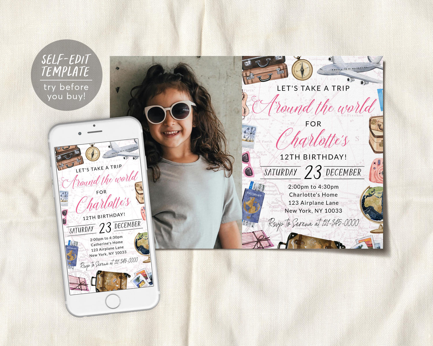 Around The World Birthday Invitation With Photo Editable Template