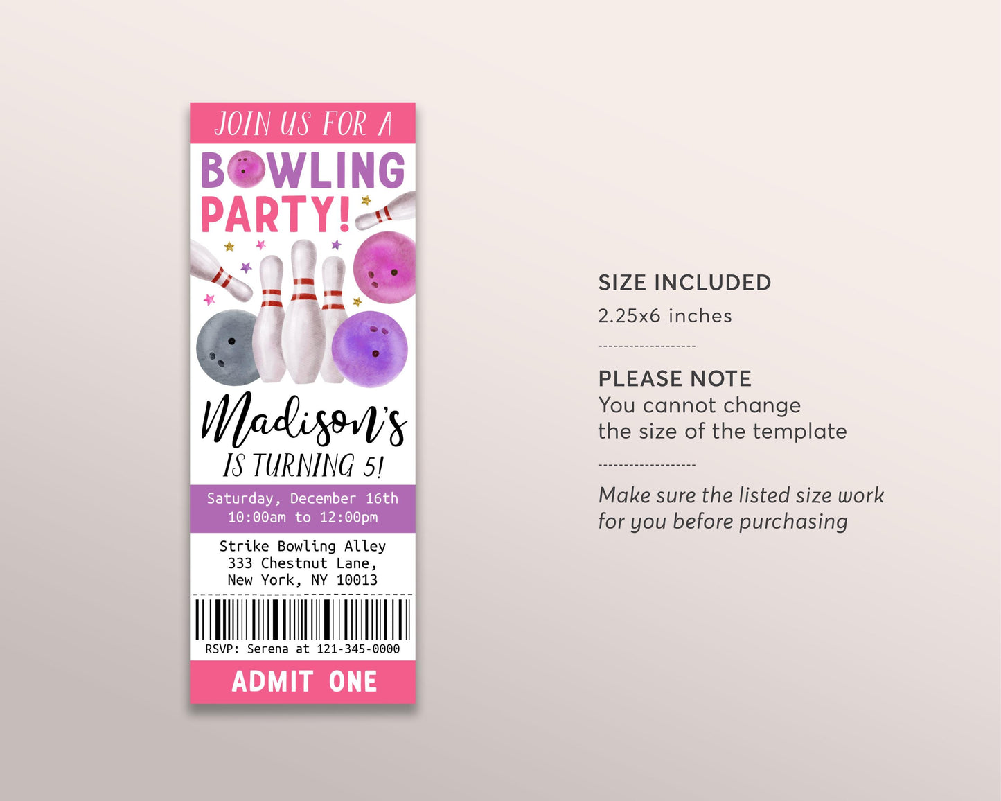 Bowling Birthday Ticket Invitation Editable Template, Girl Sports Bowling Alley Party Evite, Kids Bowling Ball Pin Strike Up Some Fun Evite