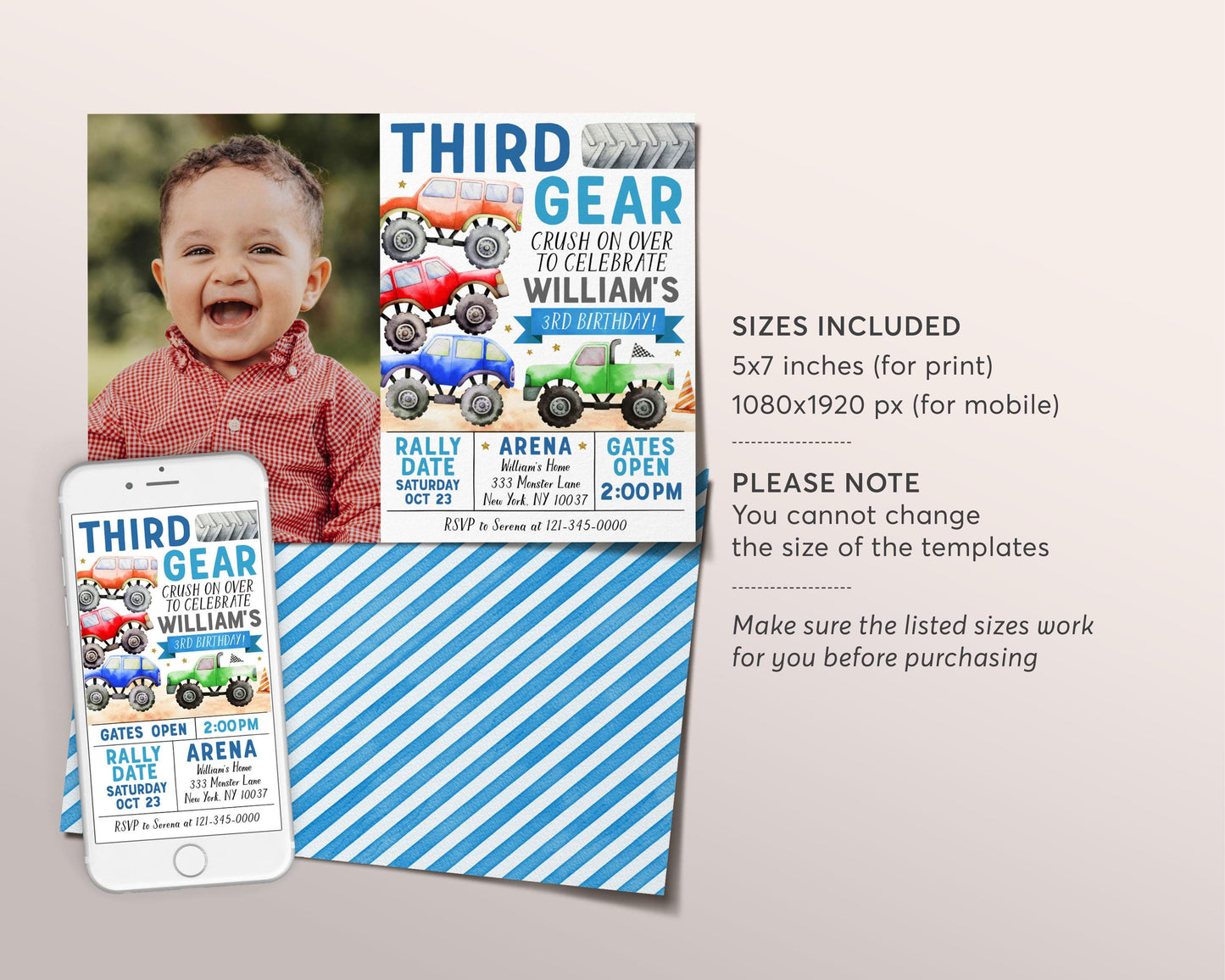 Monster Truck 3rd Birthday Invitation With Photo Editable Template, Third Gear Racing Trucks Party Bash Invite, Crush On Over Third Evite