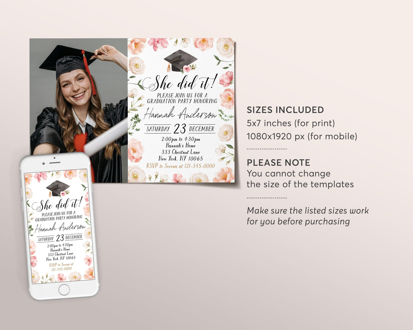 Graduation Floral Invitation With Photo Editable Template, She Did It Grad Announcement Party Invite for Her, Grad College High School Evite