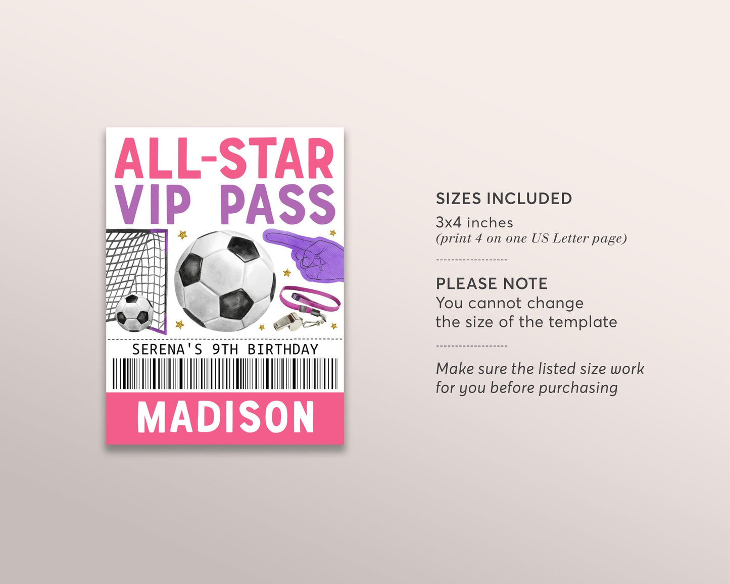Soccer Birthday All Star VIP Pass Editable Template, Football Sports Party All Access Pass, Guests Name Tag Insert ID Badge Team Lanyard