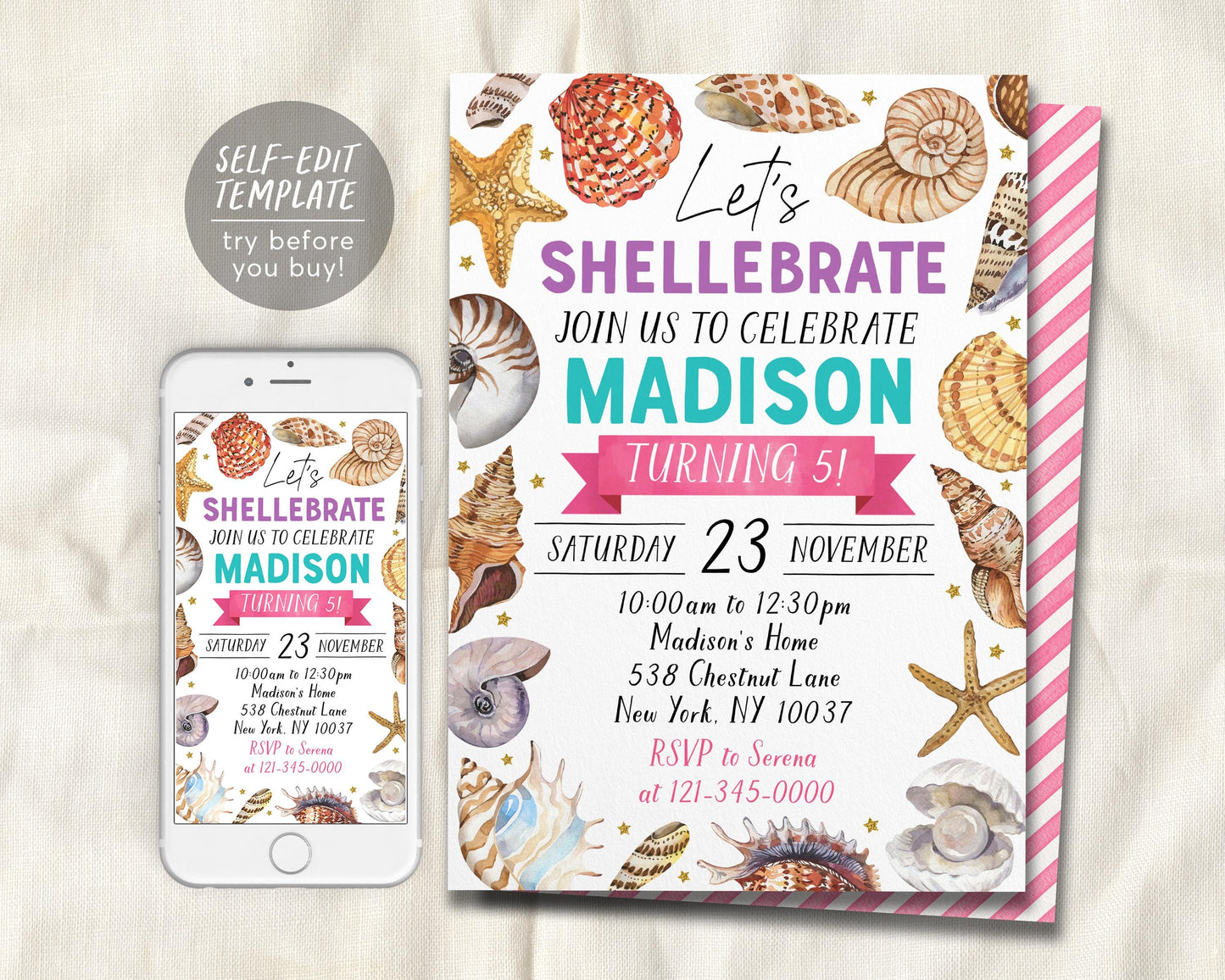 Seashell Birthday Invitation Editable Template