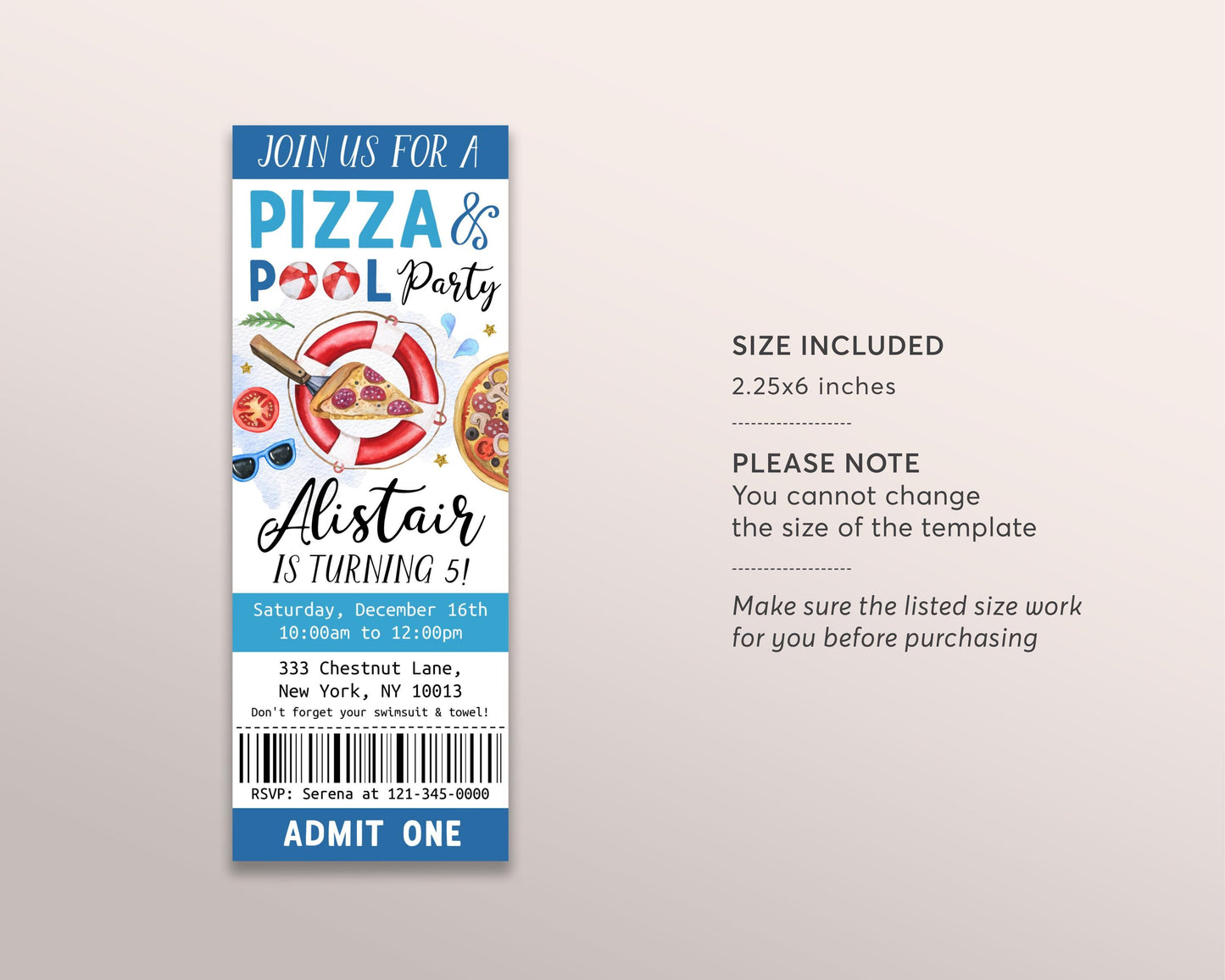 Pizza Pool Party Birthday Ticket Invitation Editable Template, Kids Boy Summer Swimming Pool Pizza Party Bash Evite, End Of School Ticket