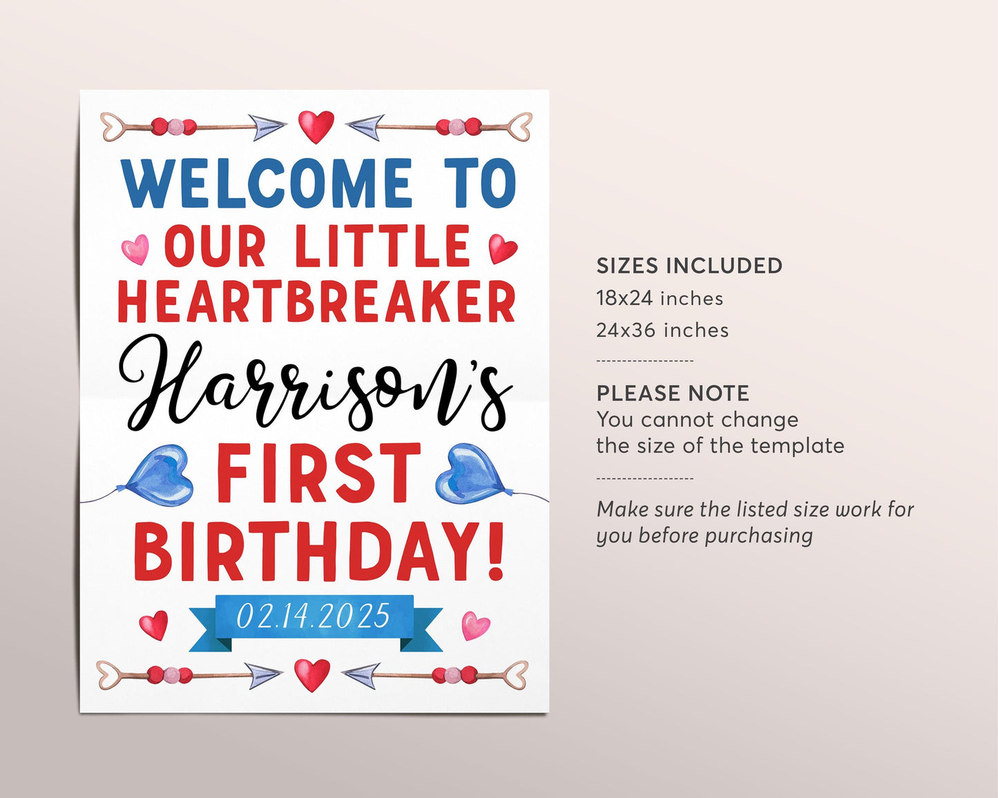 Valentine Heartbreaker Birthday Welcome Sign Editable Template, Boy Valentines Day Pink Red Hearts Birthday Party Poster, Heartbreaker Sign