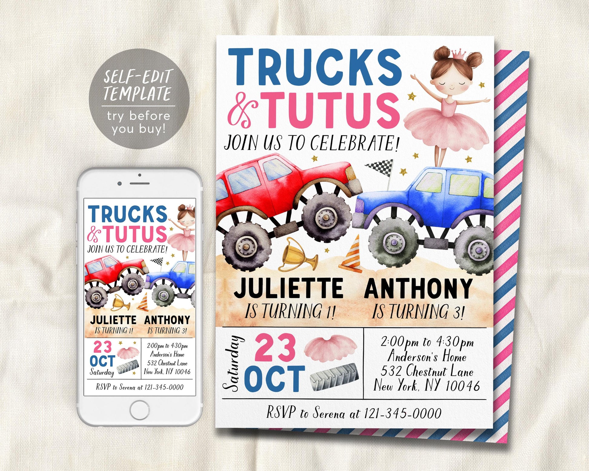 Monster Trucks And Tutus Joint Siblings Birthday Invitation Editable Template