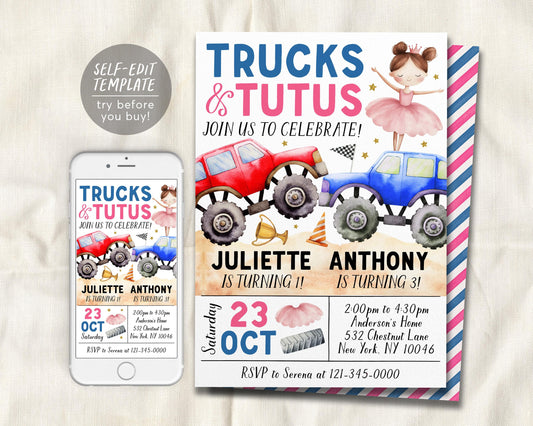 Monster Trucks And Tutus Joint Siblings Birthday Invitation Editable Template
